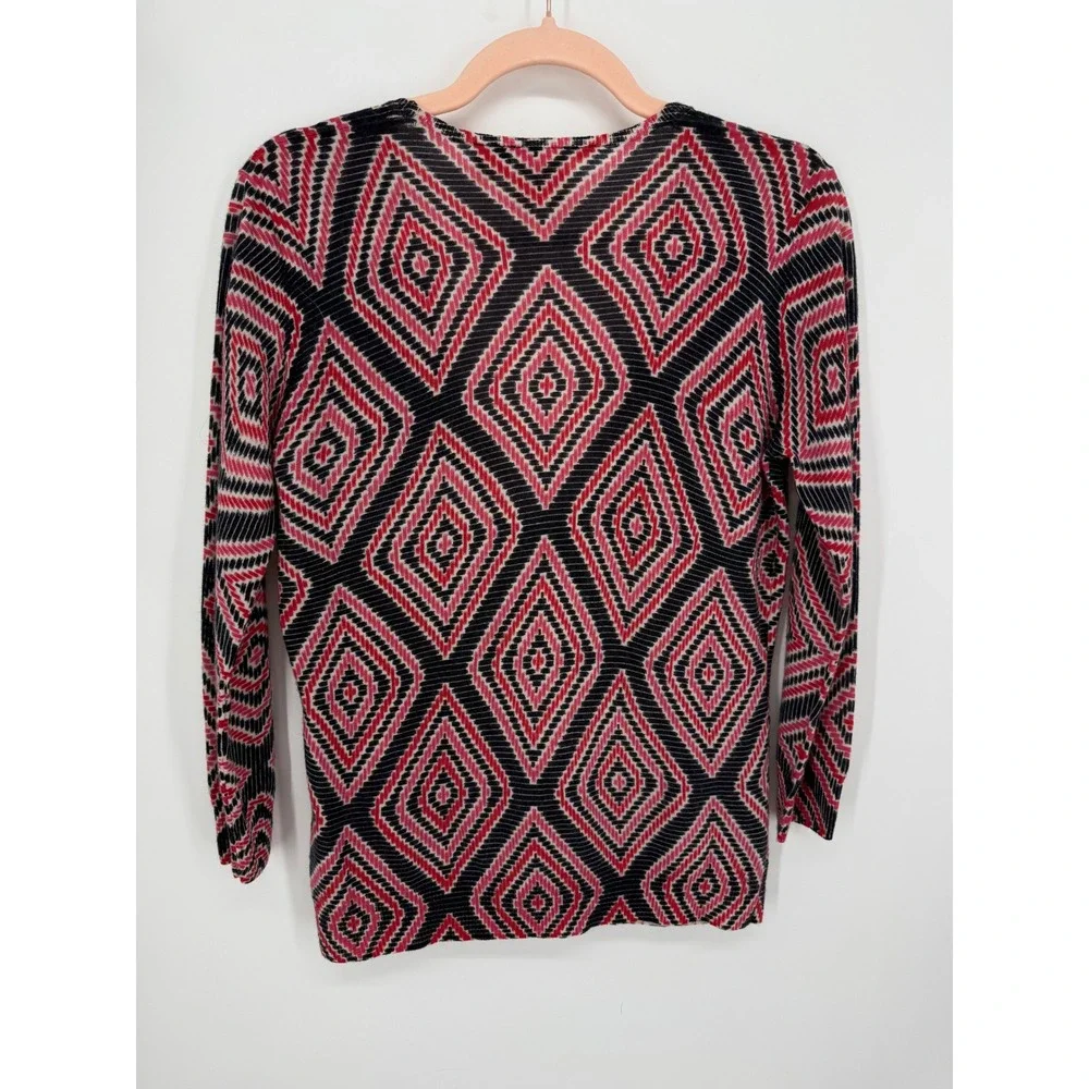 Tory Burch Cardigan Women Medium Red Black Geometric 100 Wool V-Neck Logo Button